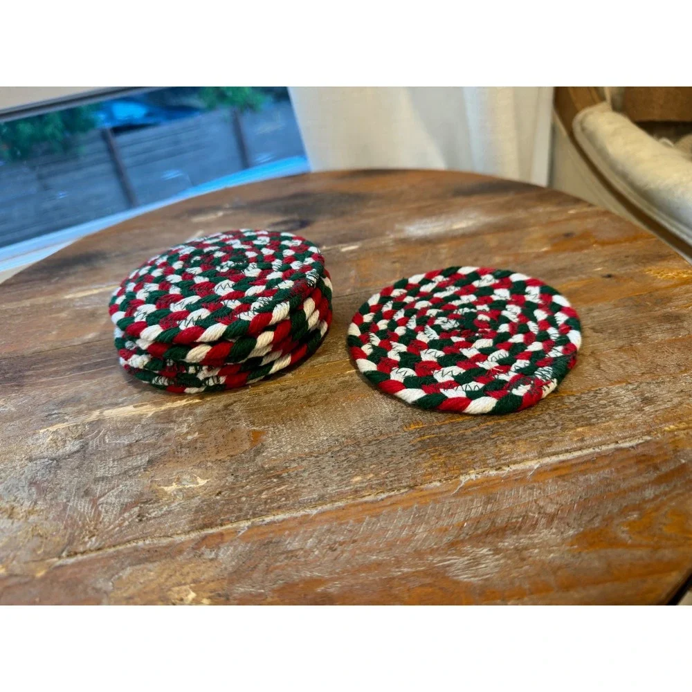 Vintage Set of 8 Christmas Braided Yarn Coasters Red Green White Holiday